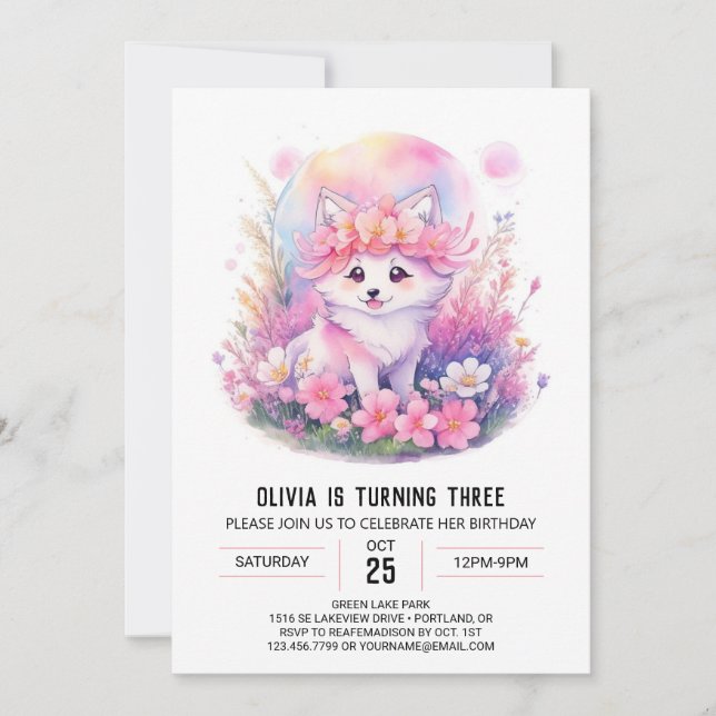 Pink Wolf Howl Girl Birthday Invitation (Front)
