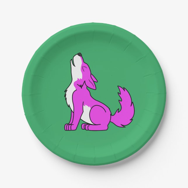 Pink Wolf Pup Howling Paper Plate (Front)
