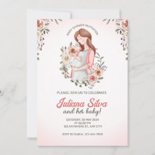 Pink Woman Pregnant Floral Baby Shower  Invitation