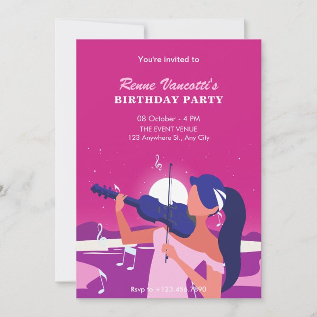 Pink women playing violin birthday invitation (Front)