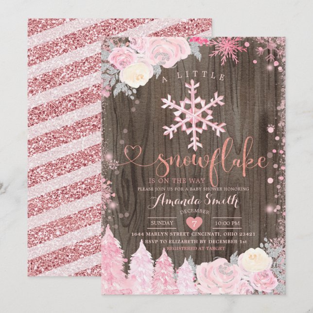 Pink Wood A Little Snowflake Floral Baby Shower  Invitation (Front/Back)