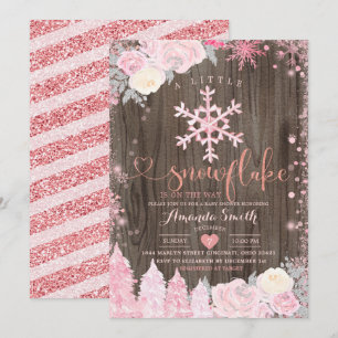 Pink Wood A Little Snowflake Floral Baby Shower  Invitation