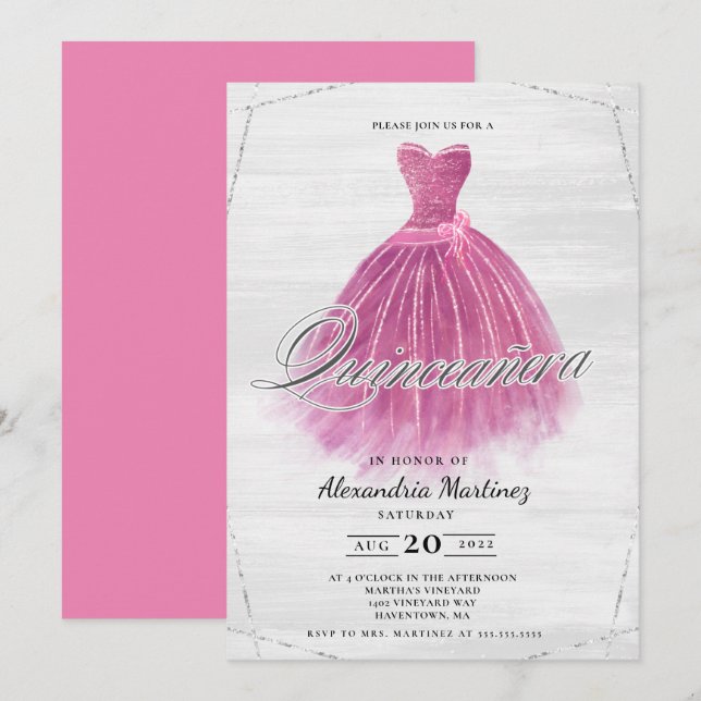 Pink wood dress glitter Quinceañera Invitation (Front/Back)