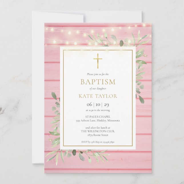 Pink Wood Lights Greenery Baptism Christening Invitation (Front)