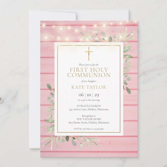 Pink Wood Lights Greenery First Holy Communion Invitation (Front)
