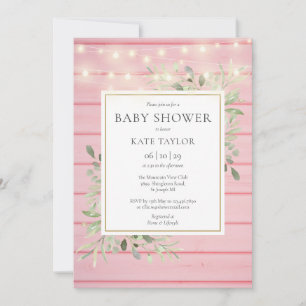 Pink Wood String Lights Greenery Baby Shower Invitation