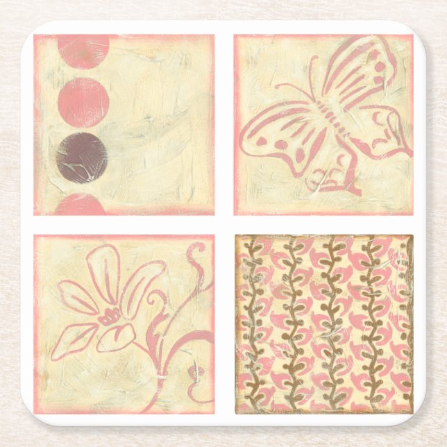 Pink Woodblock Drawings by Chariklia Zarris Square Paper Coaster (Front)