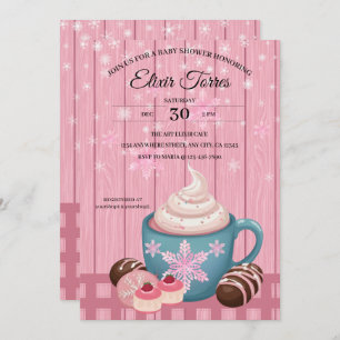 Pink Wooden Hot Cocoa Whipped Cream Baby Shower Invitation