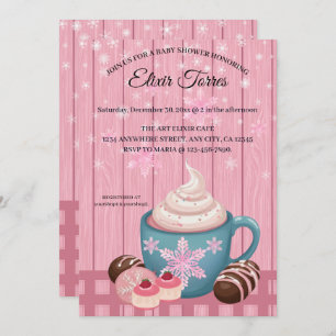 Pink Wooden Hot Cocoa Whipped Cream Baby Shower Invitation