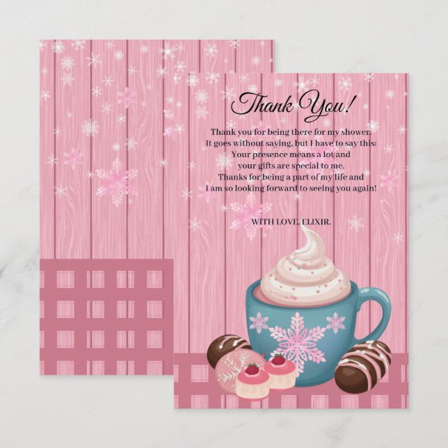 Pink Wooden Hot Cocoa Whipped Cream Baby Shower Thank You Card (Front/Back)
