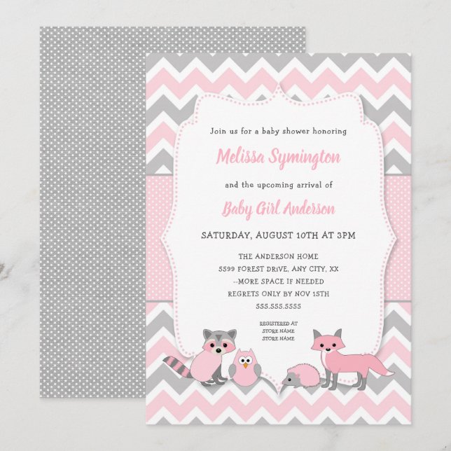 Pink woodland animal baby shower invitation (Front/Back)