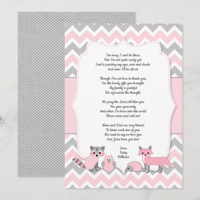 Pink woodland animal baby shower thank you card (Front/Back)