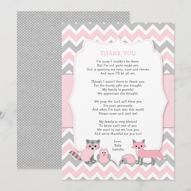 Pink woodland animal baby shower thank you note invitation (Front/Back)