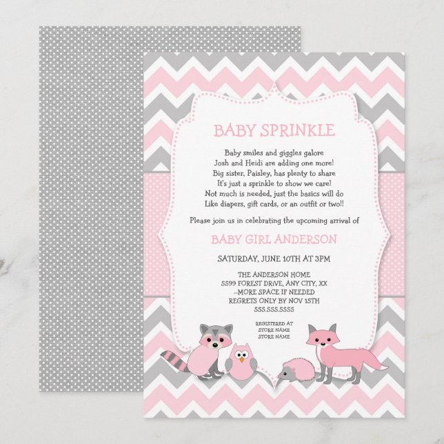 Pink woodland animal baby sprinkle, baby shower invitation (Front/Back)