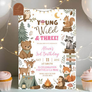 Pink Woodland Animal Young Wild and Three Birthday Invitation
