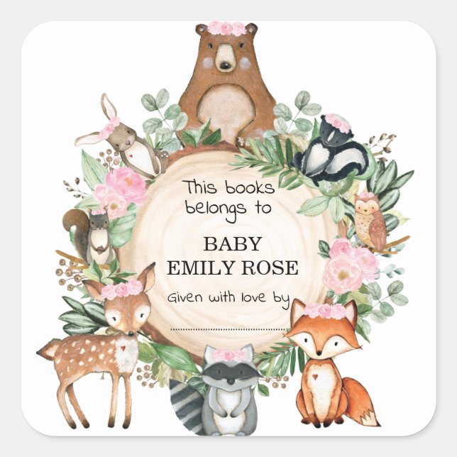 Pink Woodland Animals Baby Shower Bookplate Labels (Front)