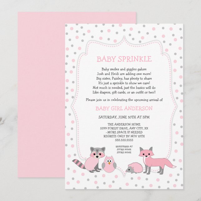 Pink woodland animals baby sprinkle invitation (Front/Back)