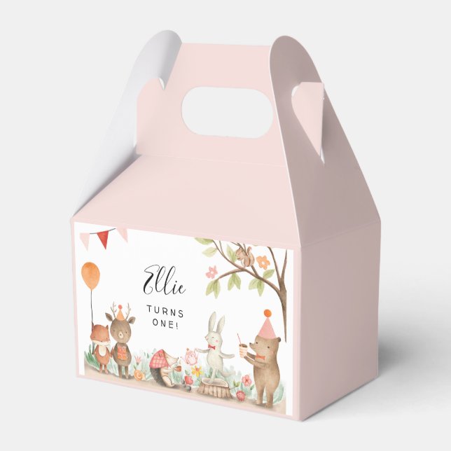 Pink Woodland Animals Birthday Favour Box (Front Side)