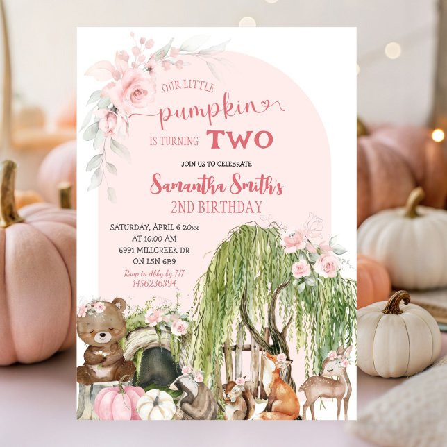 Pink Woodland Animals Little Pumpkin Birthday Invitation (Creator Uploaded)