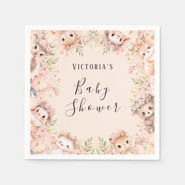Pink Woodland Animals Personalised Paper Napkin (Front)