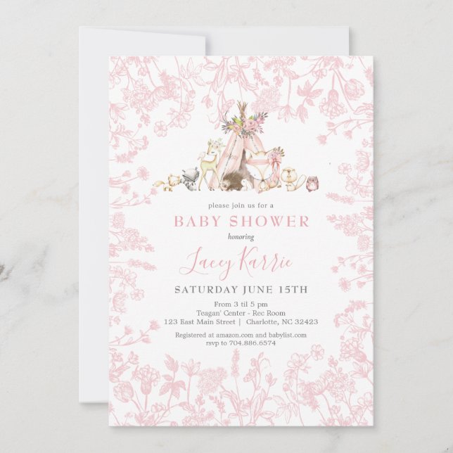 Pink Woodland Baby Shower invitation (Front)