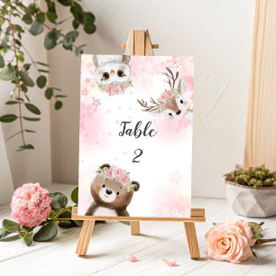 Pink Woodland Baby Shower Table Number Sign