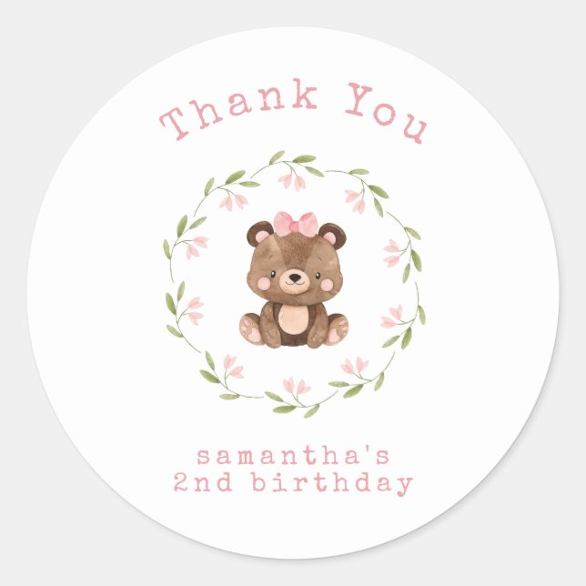 Pink Woodland Bear Girl Birthday Thank You Classic Round Sticker (Front)