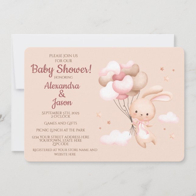 Pink Woodland Bunny Rabbit Baby Shower Invitation (Front)