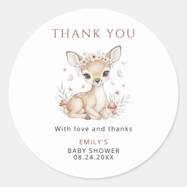 Pink Woodland Deer Girl Baby Shower Thank You Classic Round Sticker (Front)