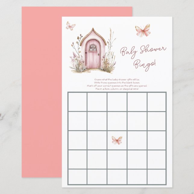 Pink Woodland Fairies Baby Shower Bingo (Front/Back)