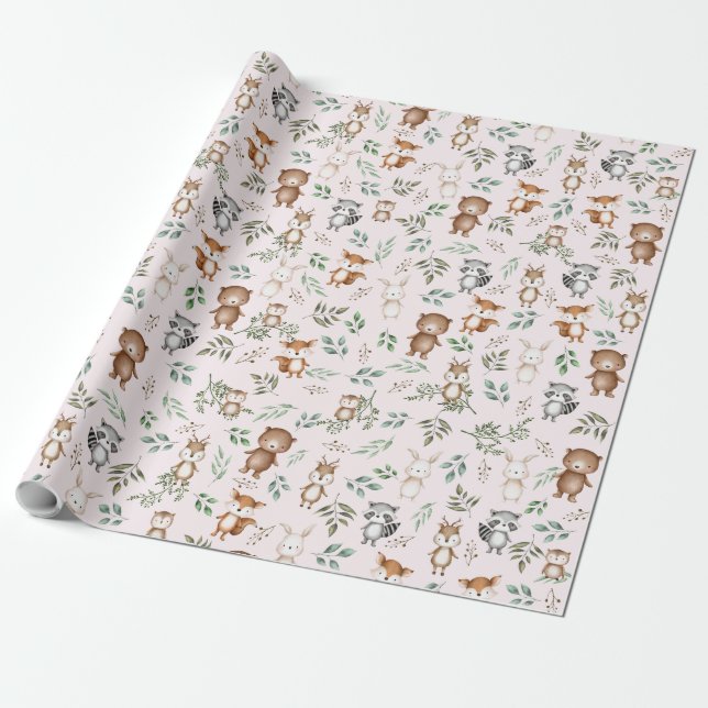 Pink Woodland Forest Animals Birthday Baby Shower Wrapping Paper (Unrolled)