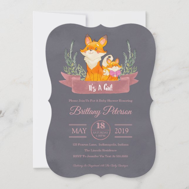 Pink Woodland Fox Girl Baby Shower Invitation (Front)