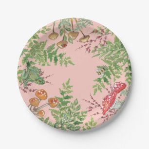 Pink Woodland Frog Bee Mushroom Rustic Picnic Paper Plate