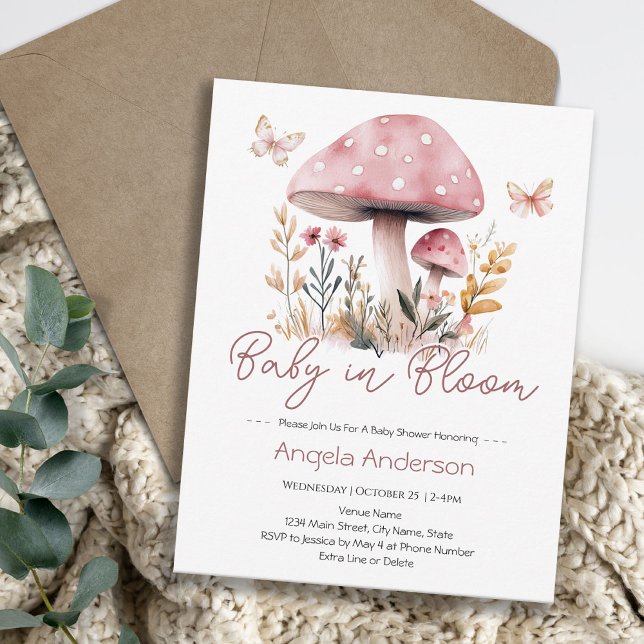 Pink Woodland Mushroom Baby in Bloom Baby Shower Invitation (Creator Uploaded)