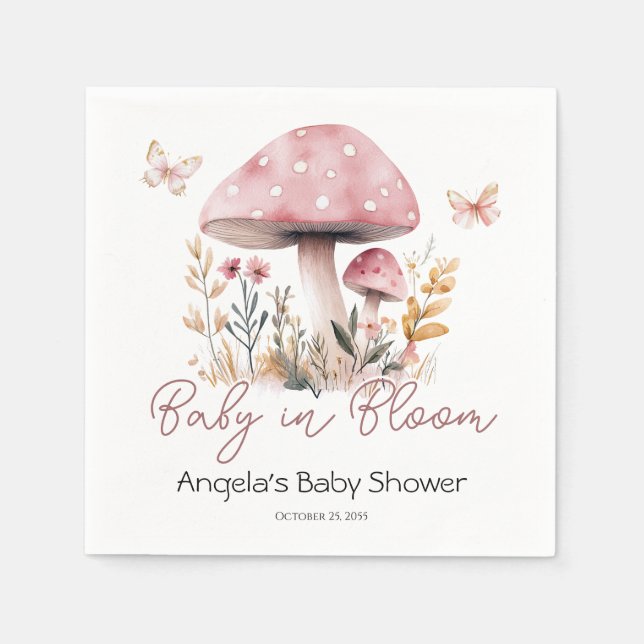 Pink Woodland Mushroom Baby Shower Napkin (Front)