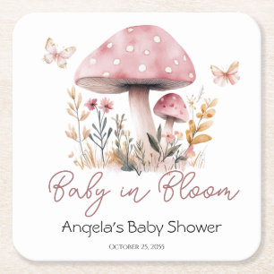 Pink Woodland Mushroom Baby Shower Paper Coaster