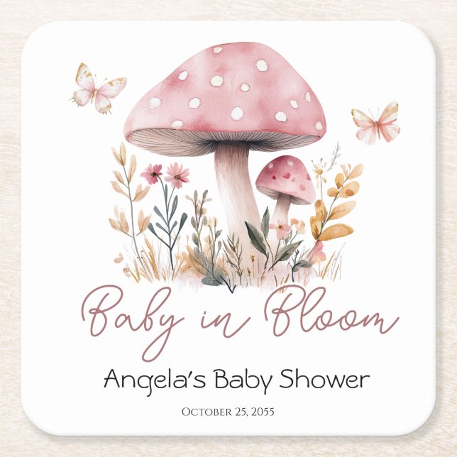 Pink Woodland Mushroom Baby Shower Paper Coaster (Front)