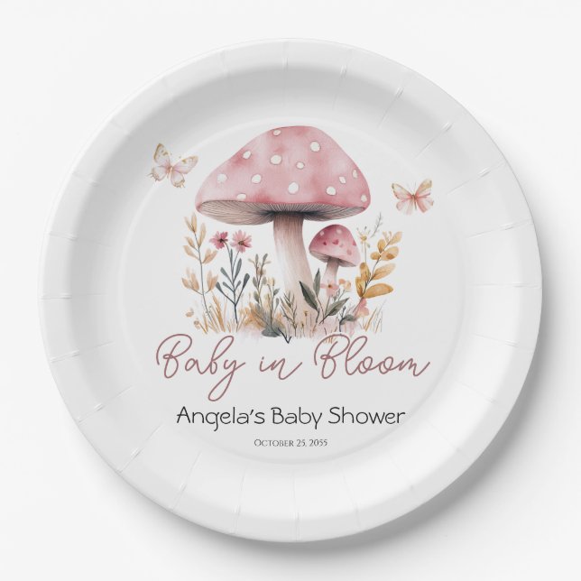 Pink Woodland Mushroom Baby Shower Paper Plate (Front)