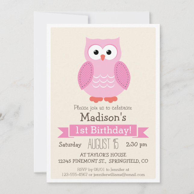 Pink Woodland Owl Girl's Birthday Party Invitation (Front)