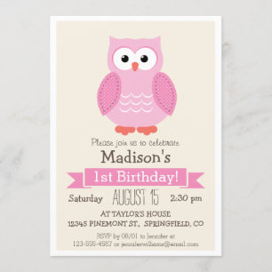 Pink Woodland Owl Girl's Birthday Party Invitation