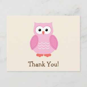Pink Woodland Owl Thank You Postcard