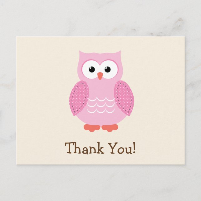 Pink Woodland Owl Thank You Postcard (Front)