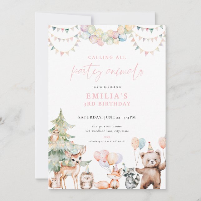Pink Woodland Party Animals Birthday Invitation (Front)