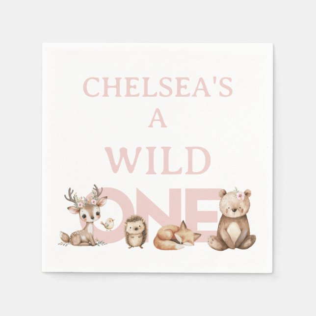 Pink Woodland Wild One 1st Birthday  Napkin (Front)