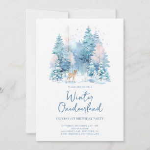 Pink Woodland Winter Onederland 1st Birthday Party Invitation