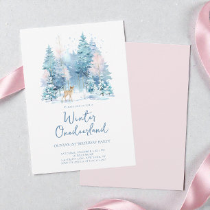 Pink Woodland Winter Onederland 1st Birthday Party Invitation