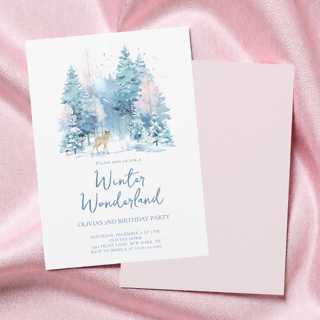 Pink Woodland Winter Wonderland 2nd Birthday Party Invitation (Pink Woodland Winter Wonderland 2nd Birthday Party Invitation)