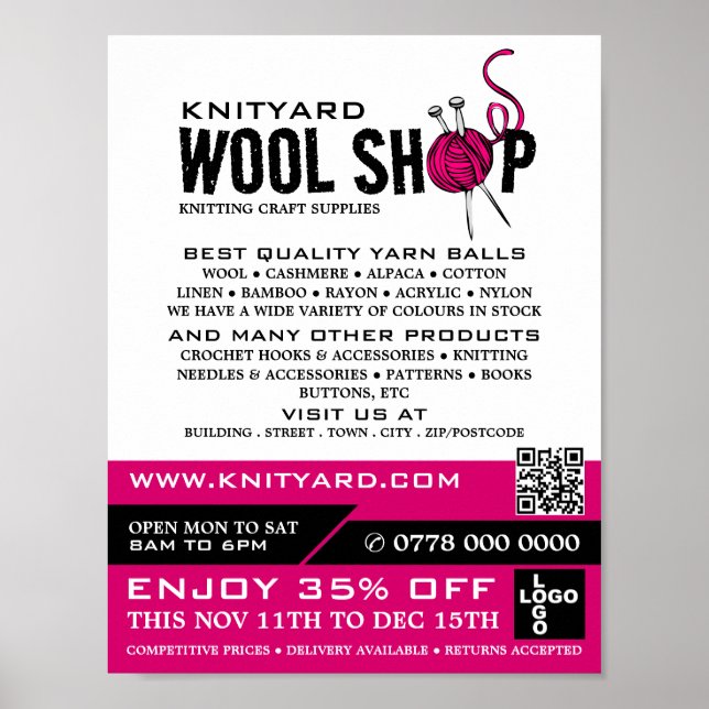 Pink Wool Shop Logo, Knitting Store, Yarn Store Poster (Front)