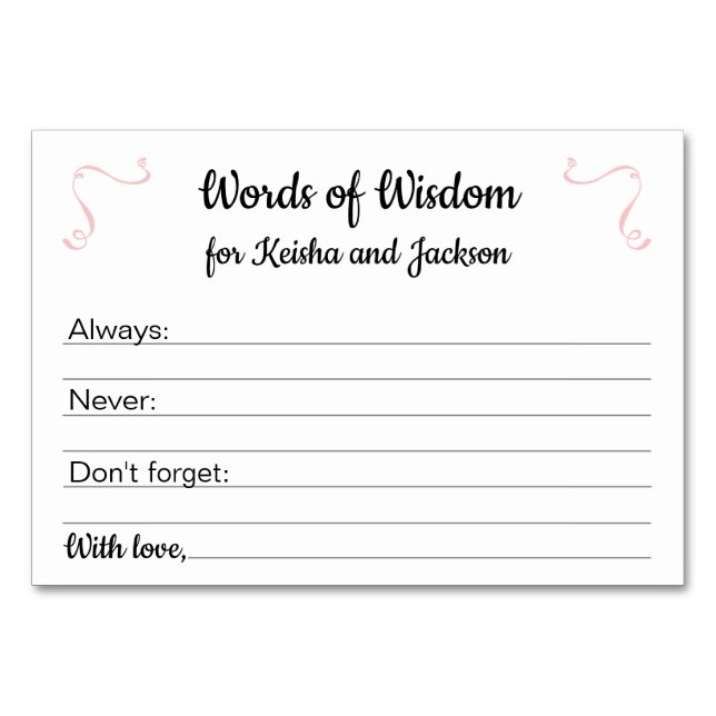 Pink Words of Wisdom Girl Baby Shower Advice Cards (Front)