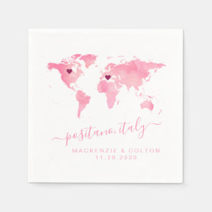 Pink World Map 2 Hearts Destination Wedding Shower Napkin